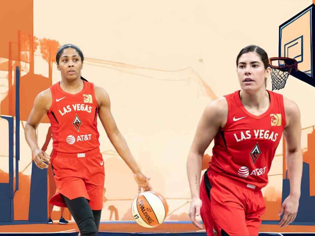 Photos of Sydney Colson and Kelsey Plum, the shortest WNBA players on the Las Vegas Aces. Behind them, an illustration of a basketball court.