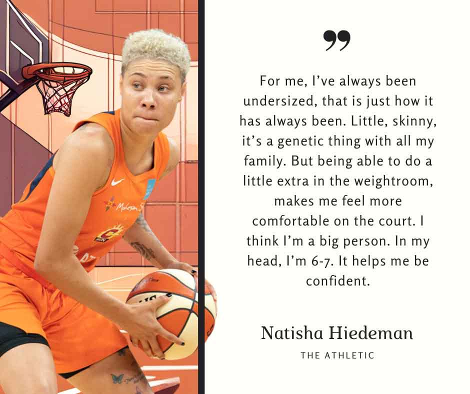 A quote graphic featuring a photo of Natisha Hiedeman, one of the shortest WNBA players in the league. It reads: "For me, I’ve always been undersized, that is just how it has always been,” she said. “Little, skinny, it’s a genetic thing with all my family. But being able to do a little extra in the weightroom, makes me feel more comfortable on the court. I think I’m a big person. In my head, I’m 6-7. It helps me be confident."