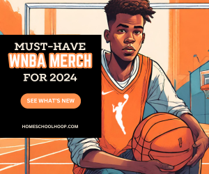 An illustration of a young man wearing a new WNBA tank-top and holding a basketball. An overlay of text reads: Must-Have WNBA Merch for 2024, See What's New