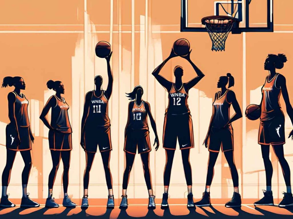 An illustration of tall WNBA players in basketball jerseys.