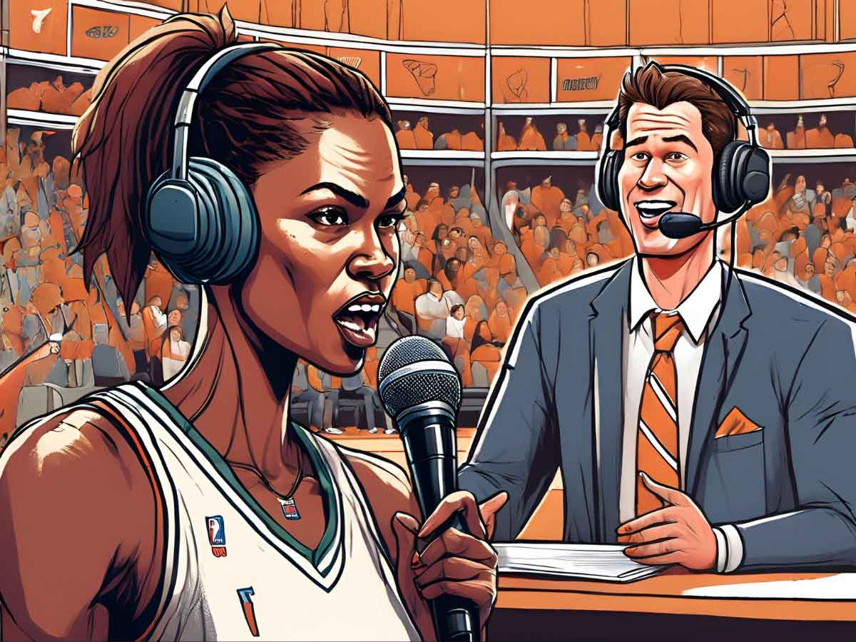An illustration of a woman basketball player getting interviewed by a sportscaster.