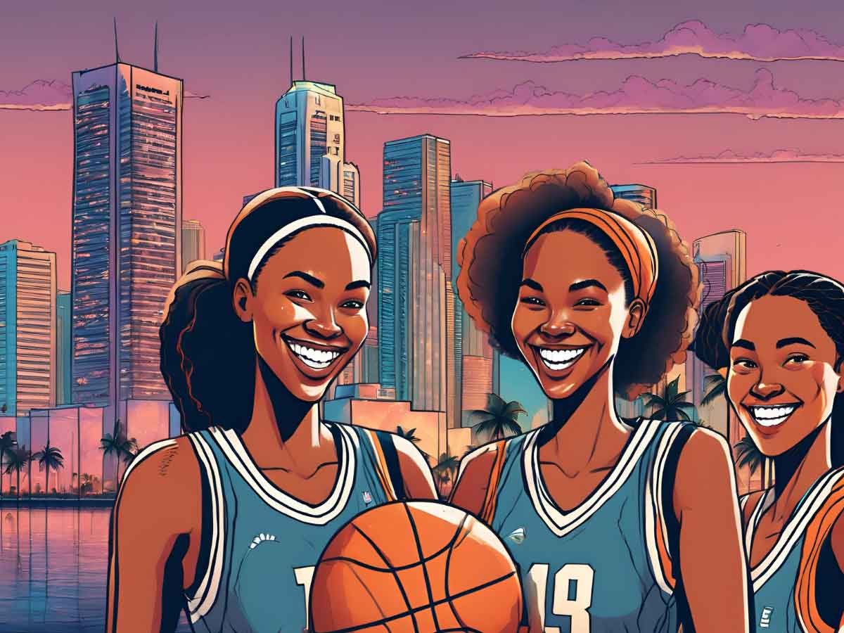 An illustration of three women basketball players smiling. Behind them is an illustration of the Miami skyline.