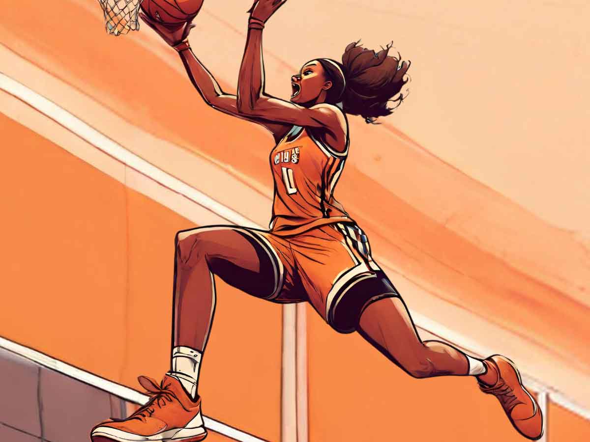 An illustration of a WNBA player dunking.