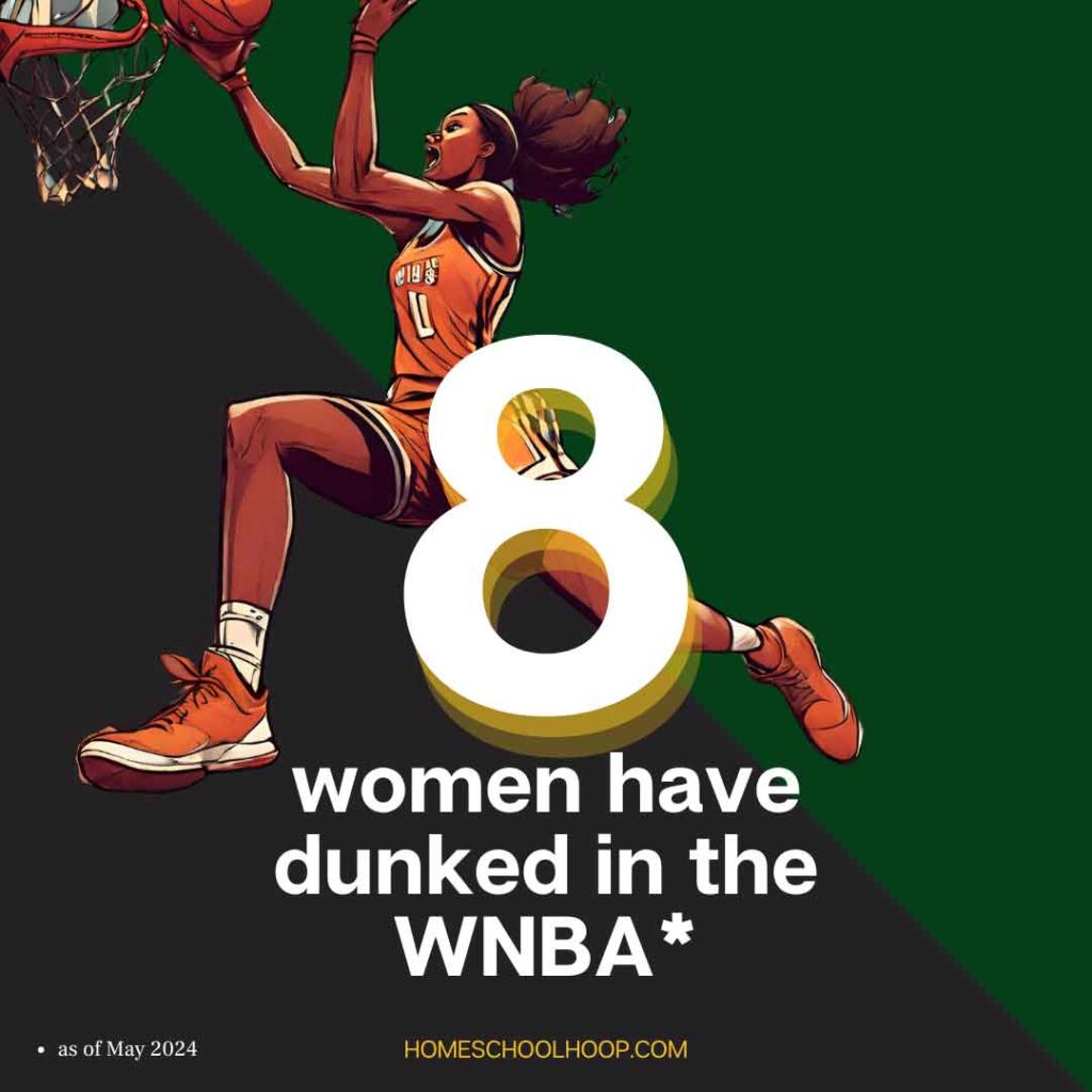 A graphic displaying how many dunks in WNBA history. Features an illustration of a woman dunking with a text overlay: 8 women have dunked in the WNBA
