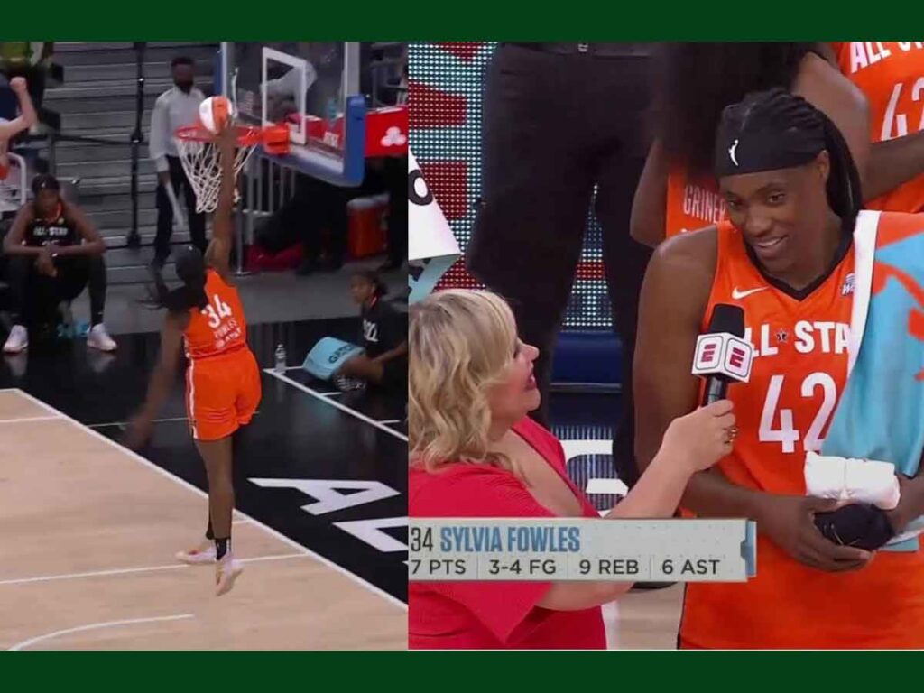 A screenshot of game footage of Sylvia Fowles' dunk in the 2022 WNBA All-Star Game.