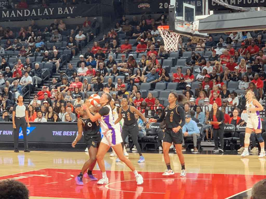 Dearica Hamby on the Los Angeles Sparks fouls Jackie Young on the Las Vegas Aces.