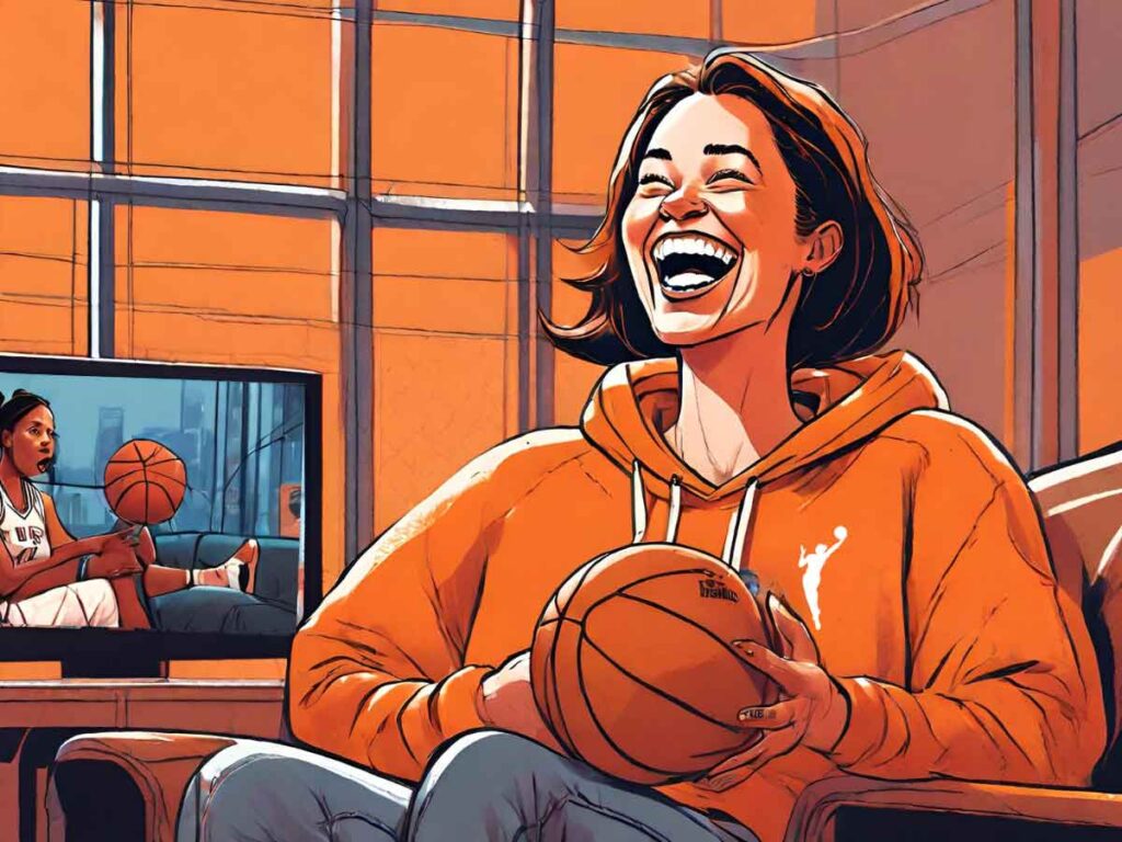 An illustration of a woman in a WNBA hoodie sitting on her couch at home with a basketball and laughing at the WNBA League Pass content on her television.
