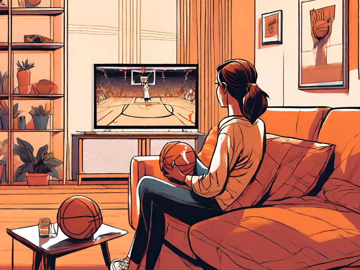 An illustration of a woman sitting on a couch in her home, holding a WNBA basketball and streaming WNBA League Pass on her television.