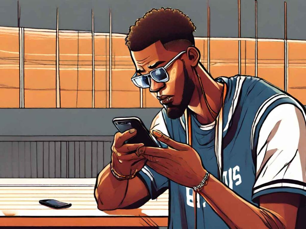 An illustration of a man watching WNBA League Pass from his smartphone.