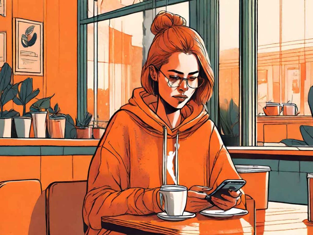 A woman in a coffee shop wearing an orange WNBA hoodie and streaming WNBA League Pass from her smartphone.