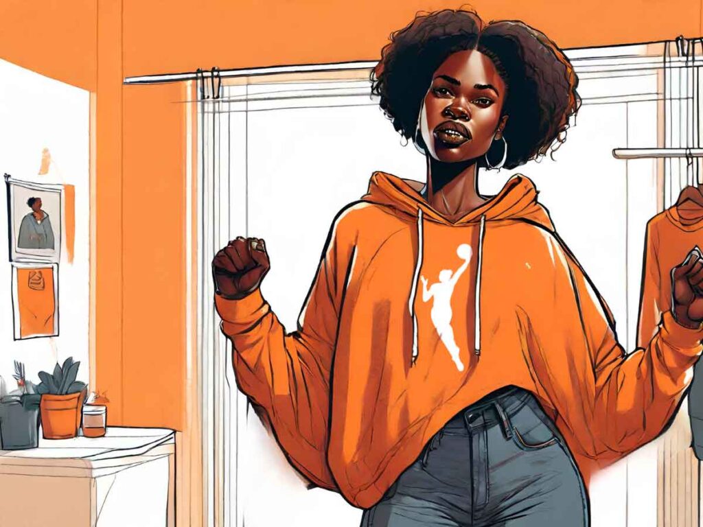 A woman in a bedroom wearing a cropped orange WNBA Logo hoodie. She holds her arms up in a powerful pose.