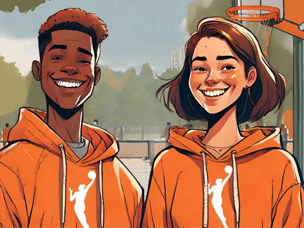 An illustration of a young man and young woman smiling and standing side-by-side, each wearing an orange WNBA Logo hoodie.
