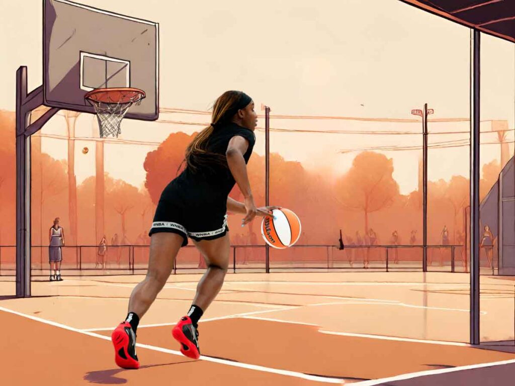 A photo of WNBA player Jackie Young over an illustration of an outdoor basketball court.