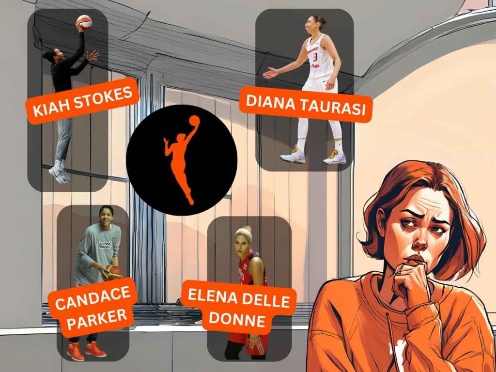 An illustration of a woman in a WNBA Logo sweatshirt, visually debating over the four players rumored to be the logo silhouette: Kiah Stokes, Diana Taurasi, Candace Parker, and Elena Delle Donne.