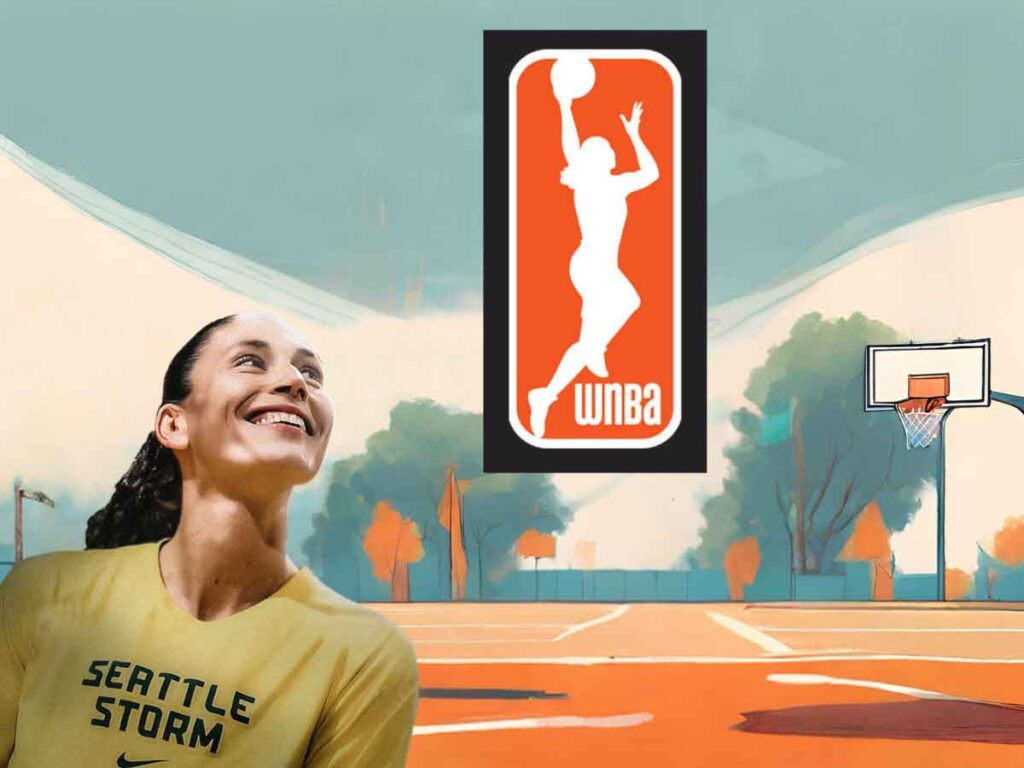 A photo of Sue Bird in a Seattle Storm shooting shirt looking up and smiling toward the WNBA Logo she's rumored to have inspired. Behind both is an illustration of an outdoor basketball court.