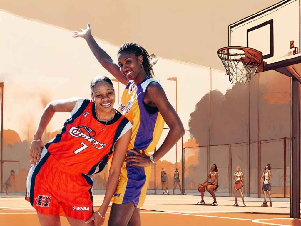 A photo of WNBA players Tina Thompson and Lisa Leslie from 1997. Behind them is an illustration of an outdoor basketball court with young women doing dribbling drills.