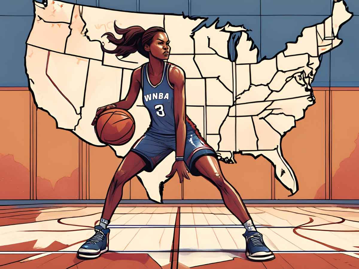 An illustration of a WNBA player dribbling in front of a United States map.