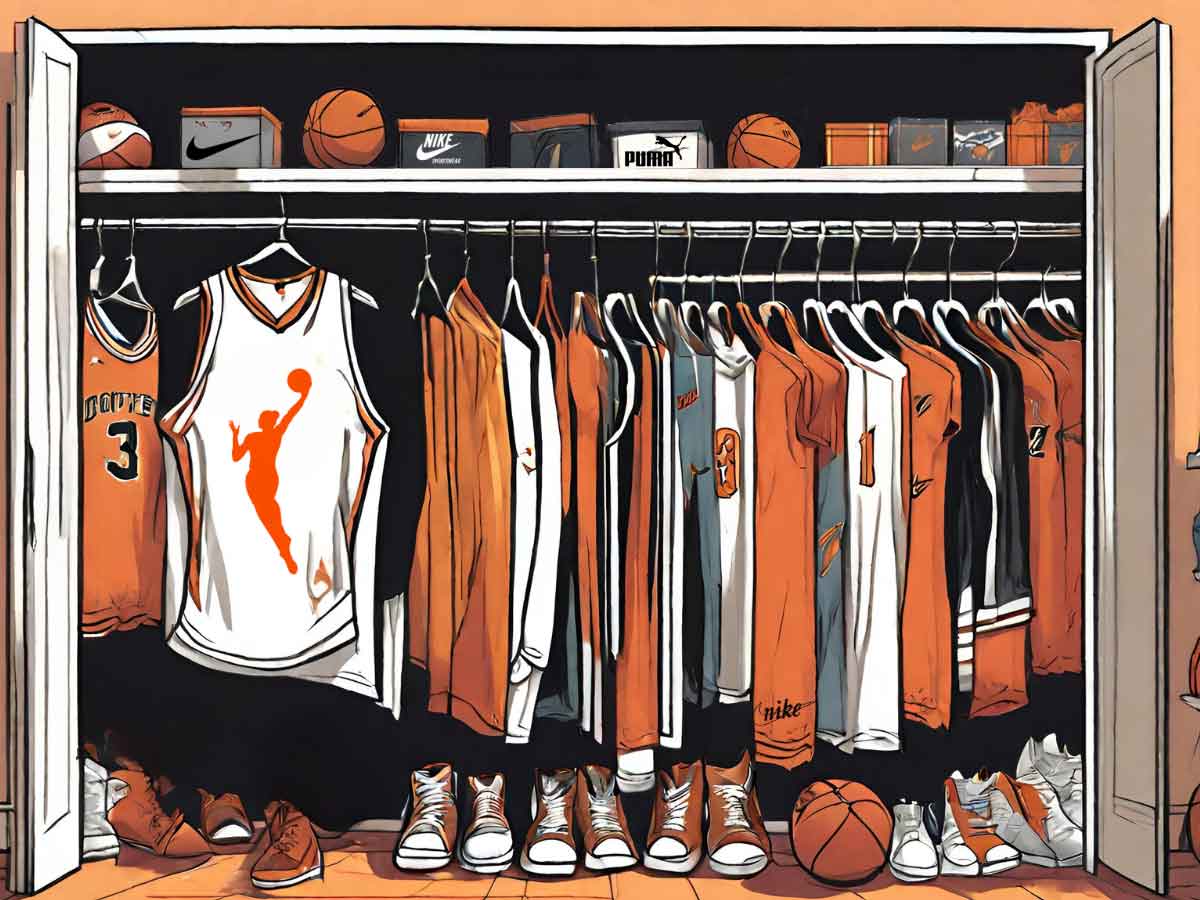 An illustration of a closet filled with WNBA gear, like WNBA jerseys, hoodies, t-shirts. Plus, shoe boxes and a couple of basketballs.