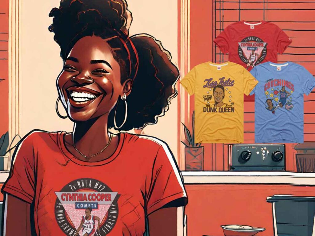 An illustration of a woman smiling while wearing a Homage WNBA MVP T-shirt featuring Cynthia Cooper.
