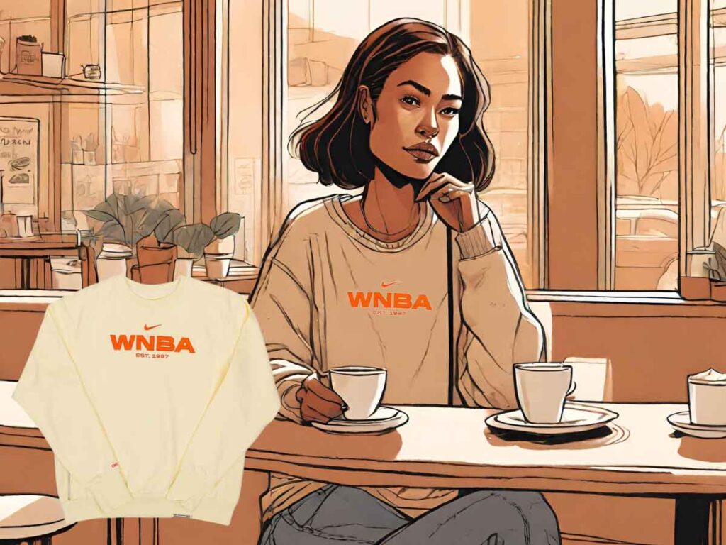 An illustration of a woman sitting in a coffee shop wearing a Nike Cream Team 13 Standard Issue Crew WNBA Sweatshirt.