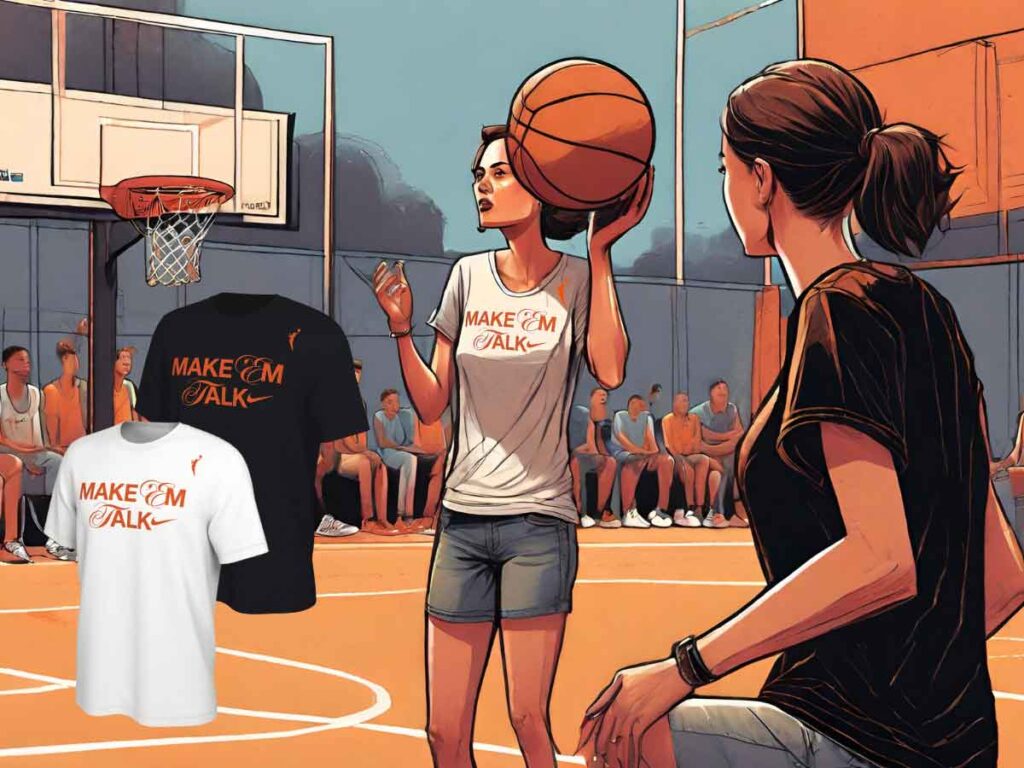 An illustration of a woman on a basketball court wearing the Nike "Make 'Em Talk" WNBA t-shirt.