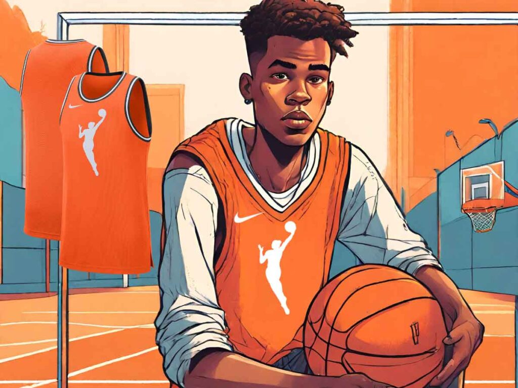 An illustration of a young man holding a basketball and wearing the Nike Team 13 Curtsied Dry Fit WNBA Tank.