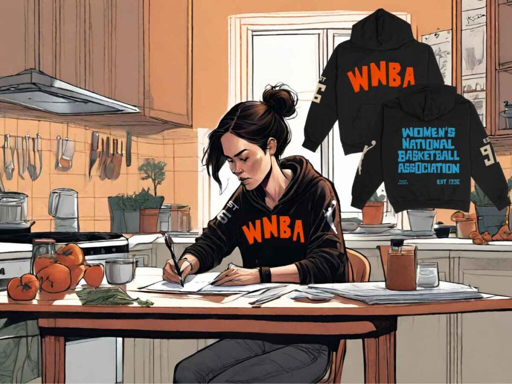 An illustration of a woman writing at her kitchen table while wearing a Playa Society WNBA 96 Hoodie.