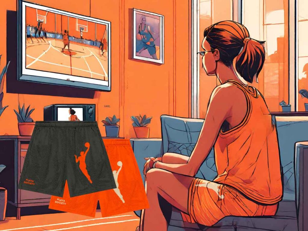 A woman sits on the couch and watches basketball on television while wearing the Playa Society WNBA Logo Shorts.