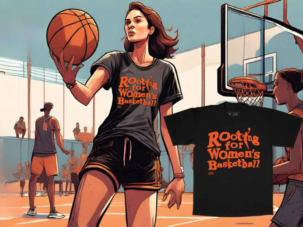 An illustration of a woman holding a basketball on an outdoor court wearing a Playa Society "Rooting for Women's Basketball" WNBA shirt.