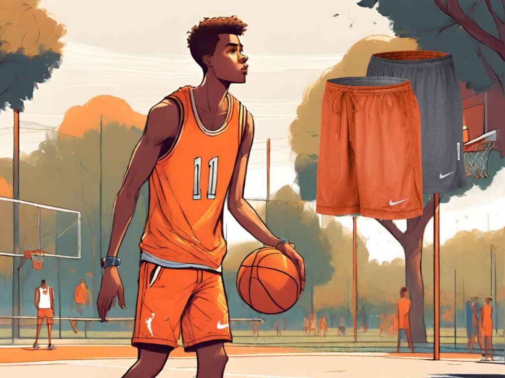 An illustration of a young man playing basketball at a park while wearing the Nike Team 13 Dry Fit WNBA Reversible Shorts.