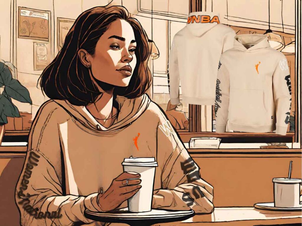 An illustration of a woman in a coffee shop wearing the WNBA Gear The Wild Collective Cream Graffiti Acid Wash Pullover Hoodie.