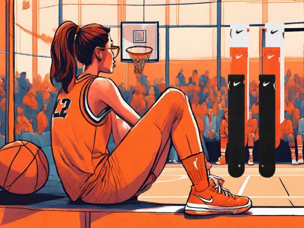 An illustration of a woman basketball player sitting on the sideline wearing the WNBA Elite Nike Basketball Socks.