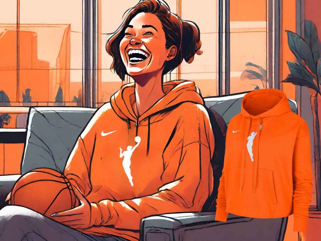 An illustration of a woman on a couch laughing while wearing a WNBA Nike Logowoman Cropped Pullover Sweatshirt.