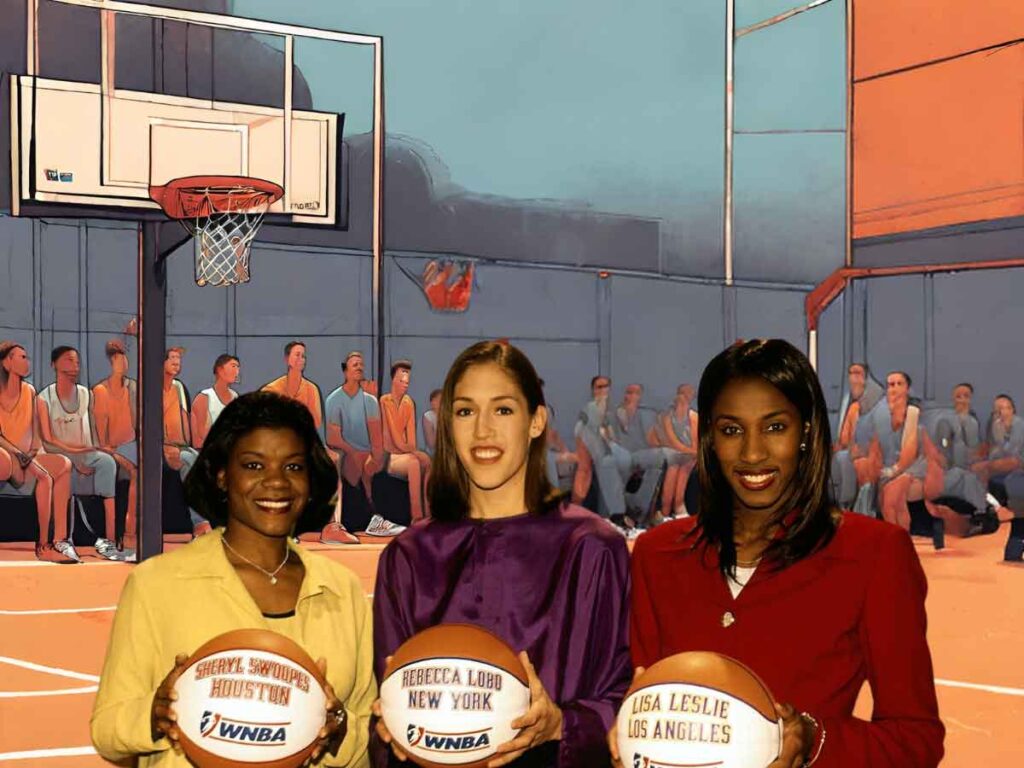 A photo of WNBA players Sheryl Swoopes, Rebecca Lobo, and Lisa Leslie from 1996. Behind them is an illustration of an indoor basketball court.