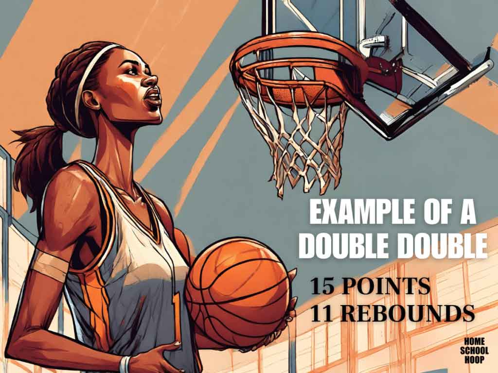 A graphic displaying an example of a double double stat line in basketball.