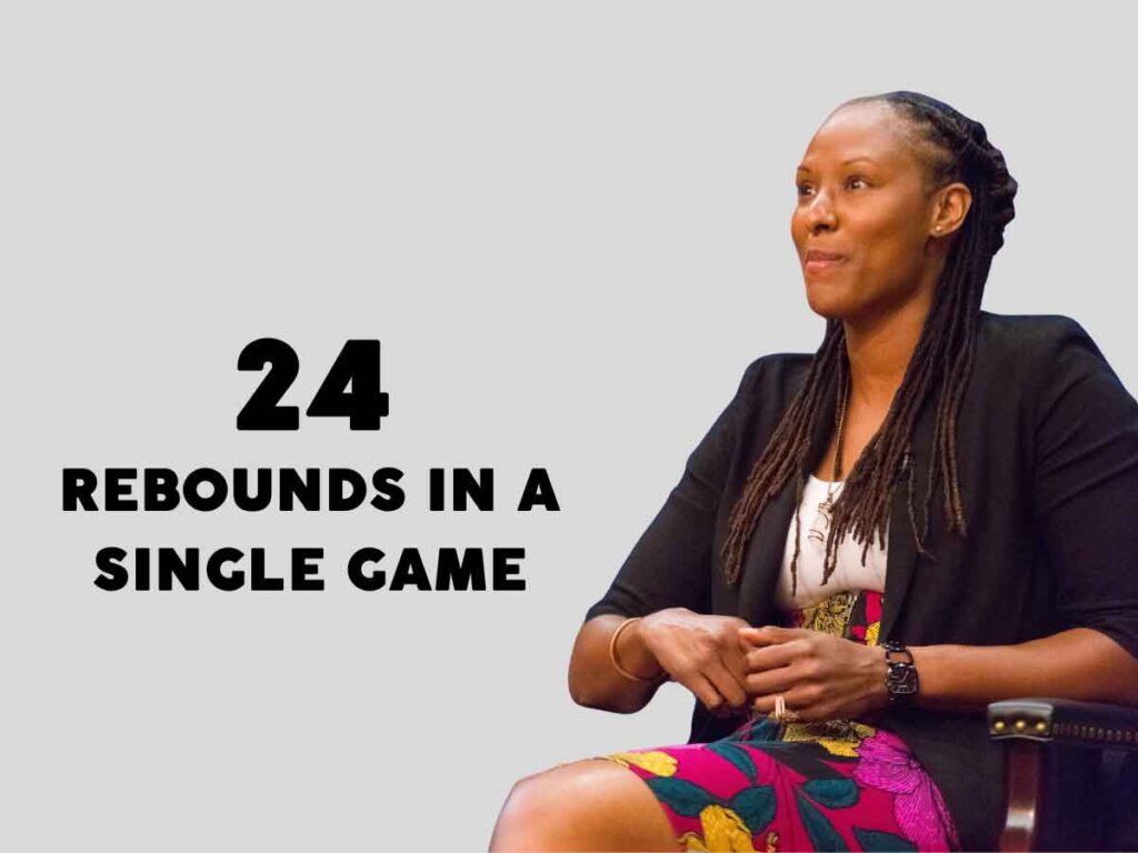 A photo of Chamique Holdsclaw. Beside her is overlay text that reads: 24 rebounds in a single game