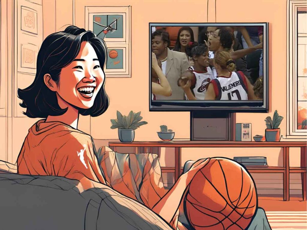 An illustration of a woman sitting on a couch and smiling while a WNBA game plays on her television