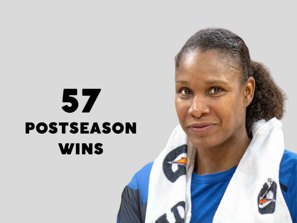 A photo of Rebekkah Brunson from her time with the Minnesota Lynx. Beside her is overlay text that reads: 57 postseason wins