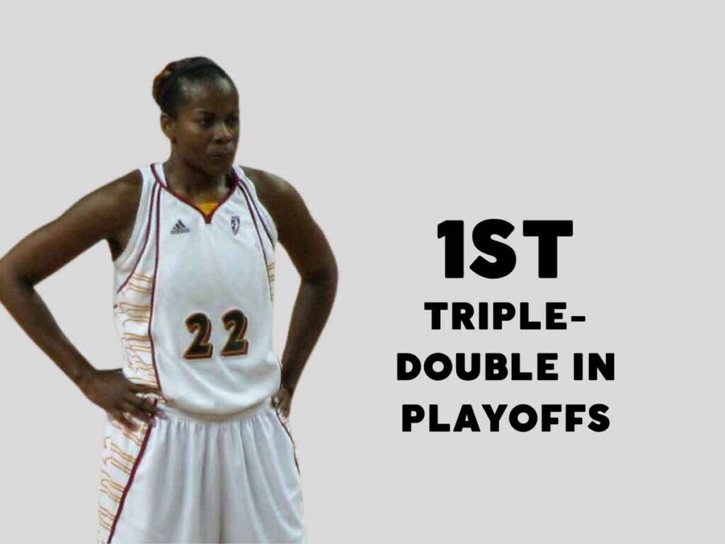 A photo of Sheryl Swoopes from her time with the Seattle Storm. Beside her is overlay text that reads: 1st triple-double in playoffs