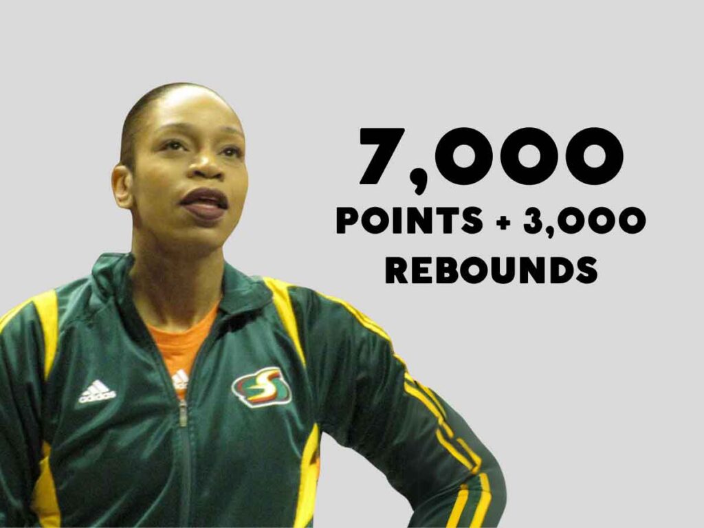 A photo of Tina Thompson from her days with the Seattle Storm. Beside her is overlay text: 7,000 points + 3,000 rebounds