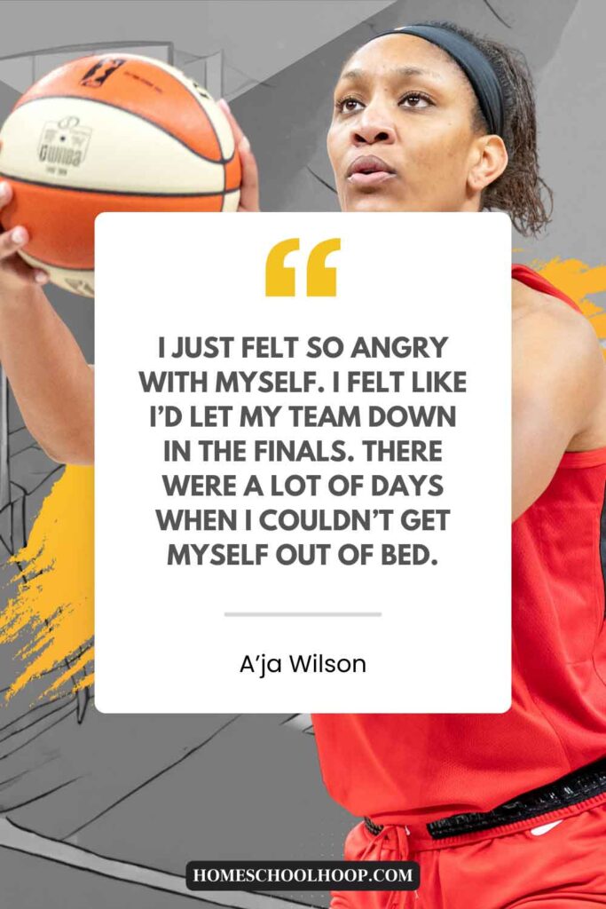 An A'ja Wilson quote on mental health that reads: "I just felt so angry with myself. I felt like I’d let my team down in the finals. There were a lot of days when I couldn’t get myself out of bed."