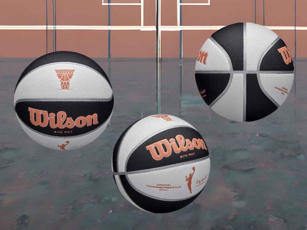 Photos of different angles of the Wilson WNBA Commissioner's basketball, featuring a new black and white colorway.