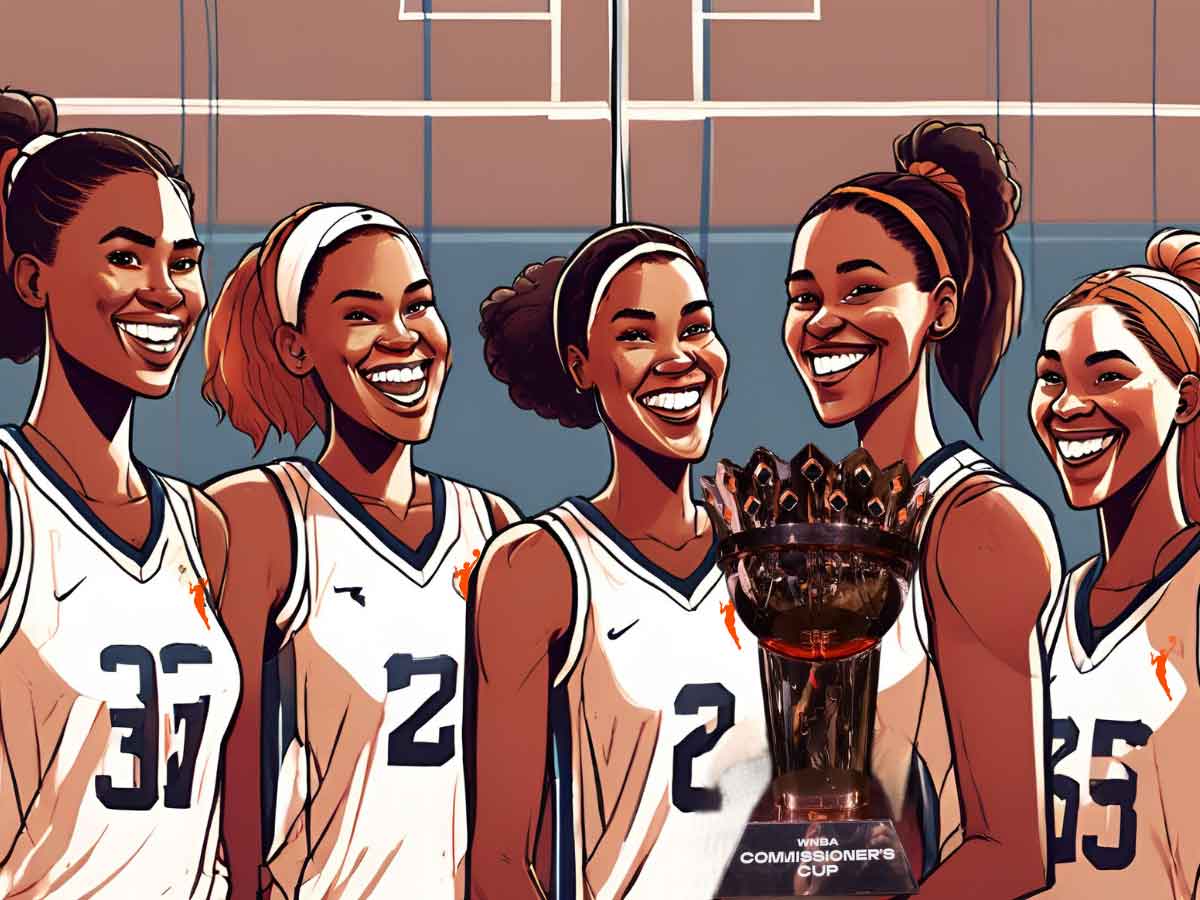 An illustration of a WNBA team smiling and holding a WNBA Commissioner's Cup trophy.