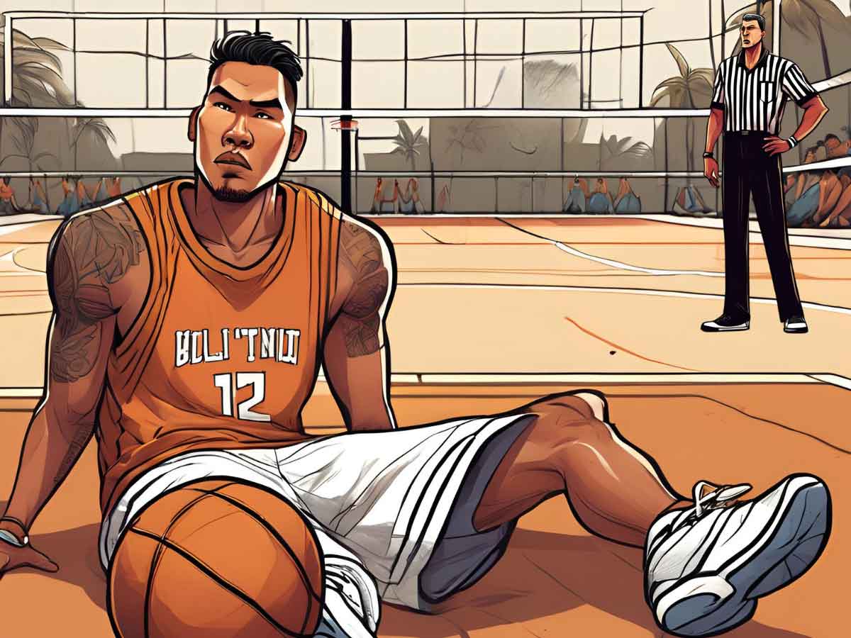 An illustration of a basketball player sitting on a basketball court after having flopped.