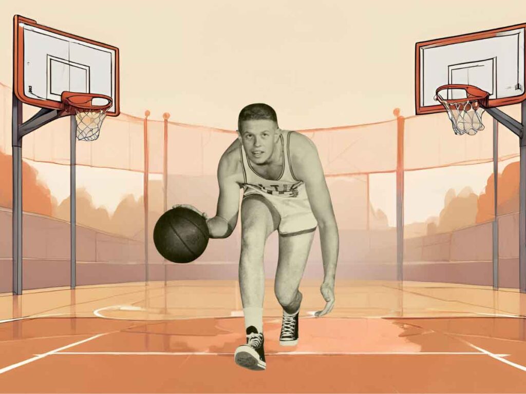 A photo of Frank Ramsey, known for flopping in the NBA. Behind him is an illustration of a basketball court.