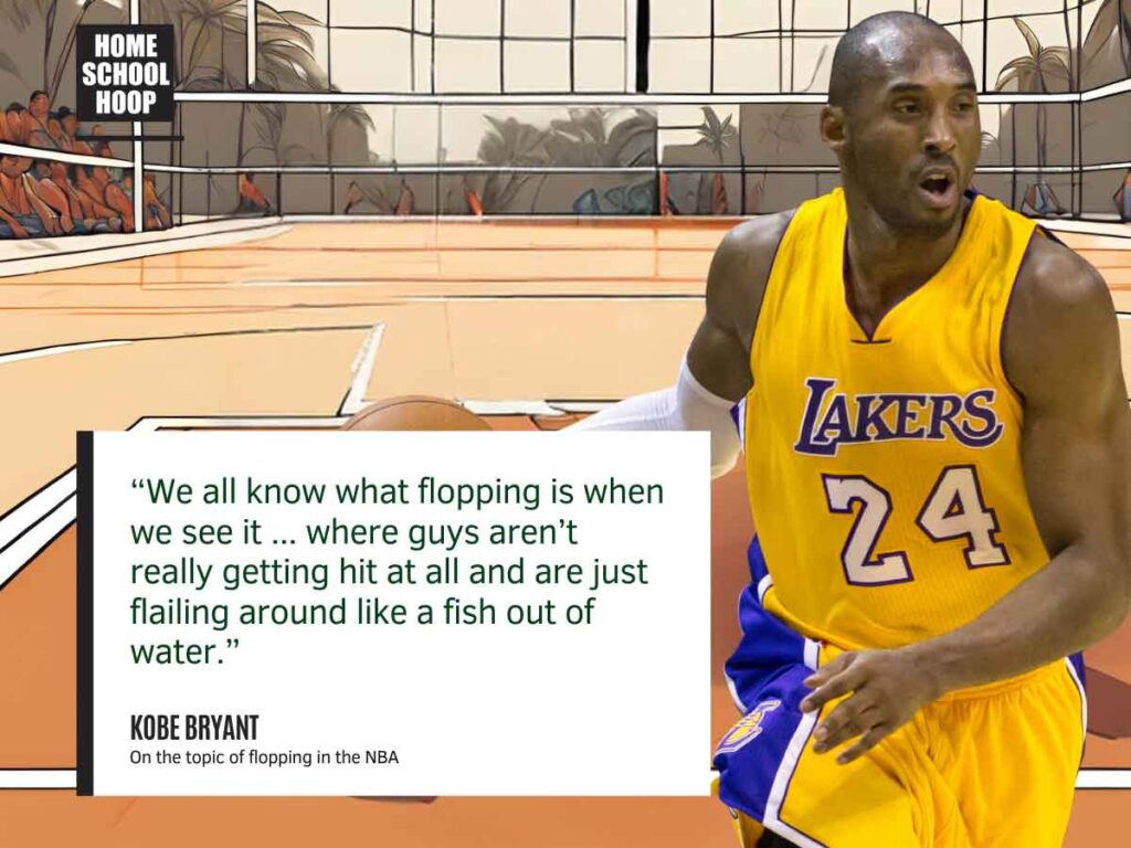 A photo of Kobe Bryant. Behind him is an illustration of a basketball court. A quote beside him reads: "We all know what flopping is when we see it ... where guys aren't really getting hit at all and are just flailing around like e a fish out of water."