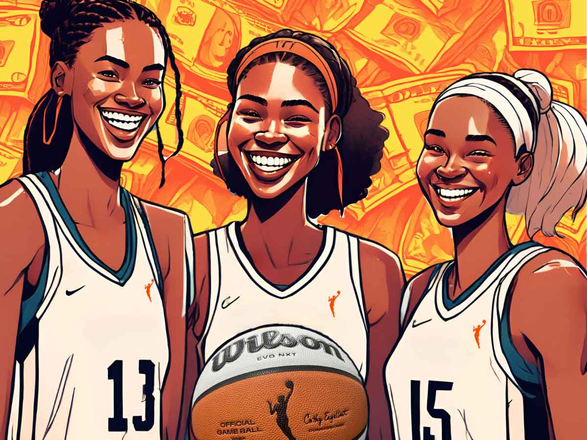 An illustration of three WNBA players standing together and smiling while holding a WNBA ball. Behind them is an illustrated pattern of dollar bills.