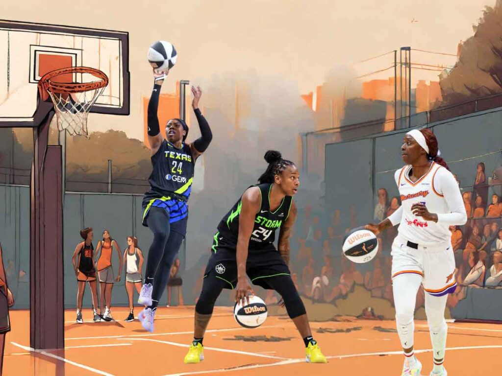 Photos of Arike Ogunbowale, Kahleah Copper, and Jewell Loyd playing basketball. Behind them is an illustration of a basketball court.