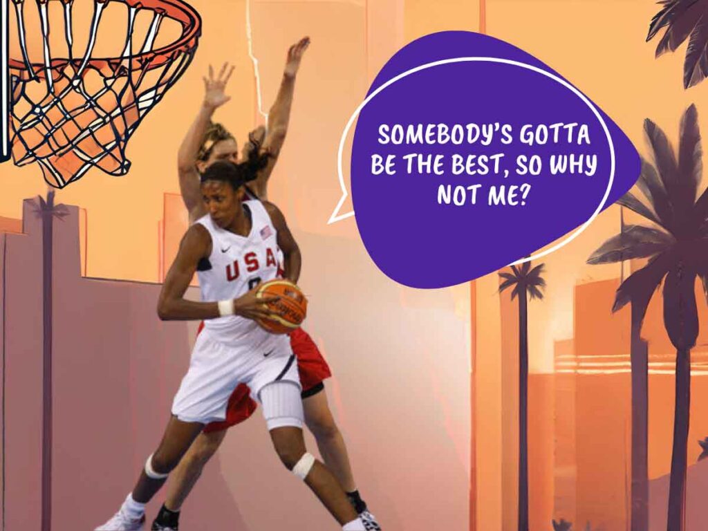 A photo of Lisa Leslie in a USA basketball uniform posting up. A quote bubble reads: "Somebody's gotta be the best, so why not me?" Behind her is an illustration of an outdoor basketball court with palm trees.