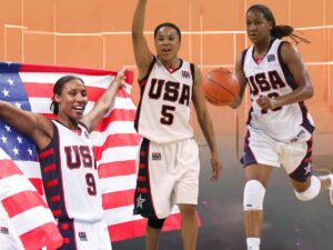 Photos of Lisa Leslie, Dawn Staley, and Tamika Catchings from their time on the 2004 USA Women's Basketball National team.